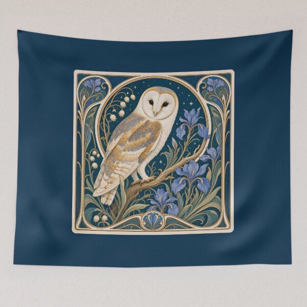 Item preview, Art Nouveau Barn Owl Blue Iris Floral Design designed and sold by AntiqueImages.