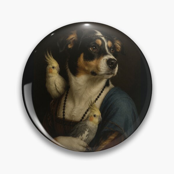 Item preview, Funny Renaissance Dog with Cockatiels Oil Painting designed and sold by CalineczkaArt.