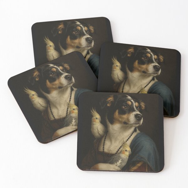 Item preview, Funny Renaissance Dog with Cockatiels Oil Painting designed and sold by CalineczkaArt.