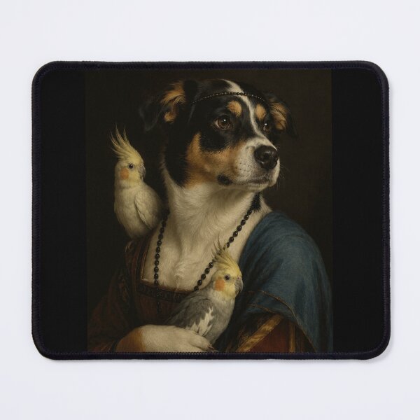 Item preview, Funny Renaissance Dog with Cockatiels Oil Painting designed and sold by CalineczkaArt.