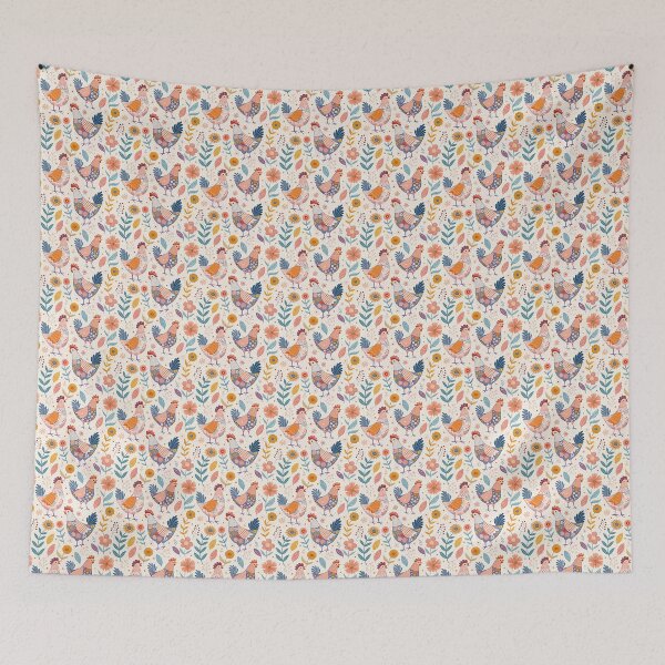 Item preview, Folk Art Chickens and Floral Pattern designed and sold by DigiArtBay.