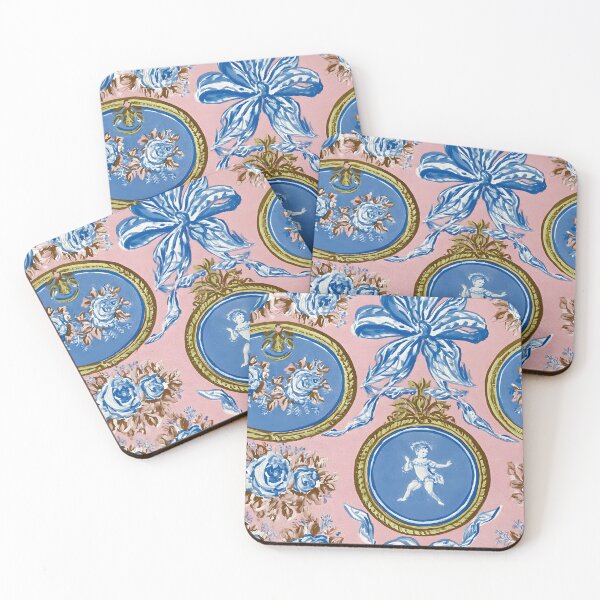 Item preview, Antique French cameos, tea roses and blue bows on dusty pink designed and sold by SophieClimaArt.