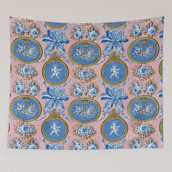 Item preview, Antique French cameos, tea roses and blue bows on dusty pink designed and sold by SophieClimaArt.
