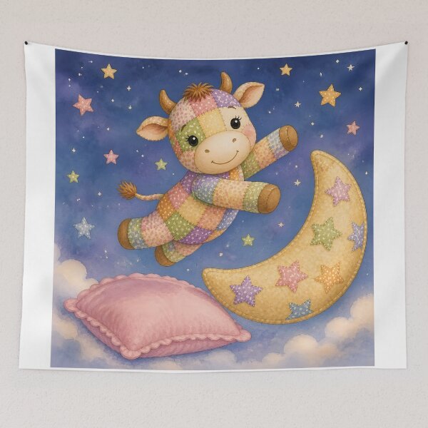 Item preview, Cute Patchwork Cow Leaping Over Moon designed and sold by Shelley Loewnau-Jones Studio.