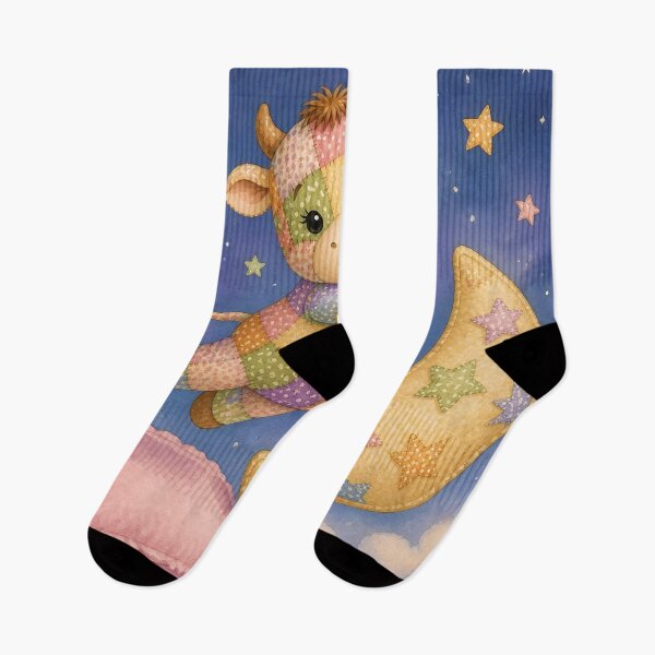 Item preview, Cute Patchwork Cow Leaping Over Moon designed and sold by Shelley Loewnau-Jones Studio.