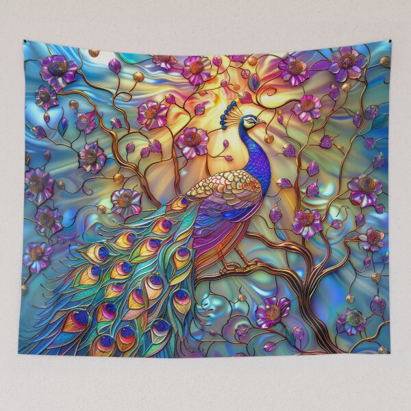 Item preview, Peacock on Magnolia Tree at Sunset Stained Glass Art designed and sold by MargaretWiktor.