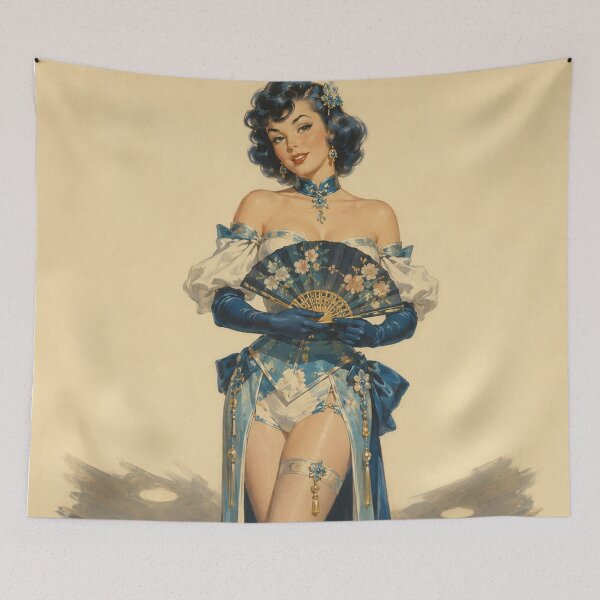 Item preview, Vintage Oriental Pinup – Retro Blue Blossom Glamour Art designed and sold by Cosplayvintage.