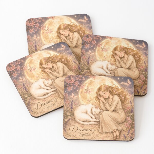 Item preview, Dreaming Together - Girl and White Cat Under the Full Moon designed and sold by thirtyonestars.