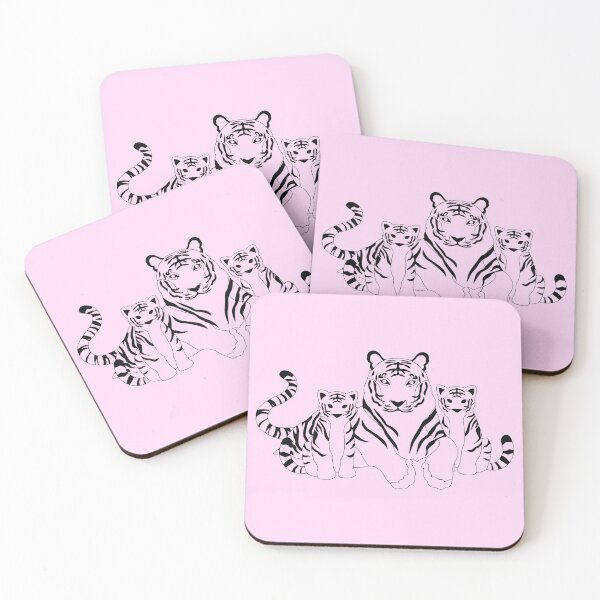 Item preview, White Tiger Mother and Two Cubs – Black Line Art Family Illustration designed and sold by EmeraldeaArt.
