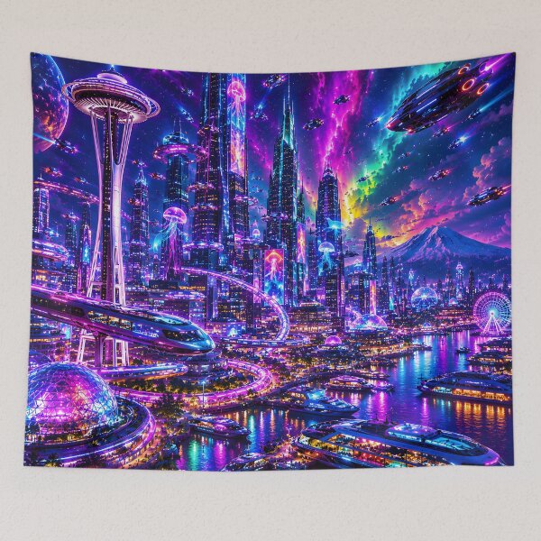 Artikelvorschau, Seattle 3026: Futuristic Neon Night Cityscape | Cyberpunk Space Needle Skyline entworfen und verkauft von RockyLambda.