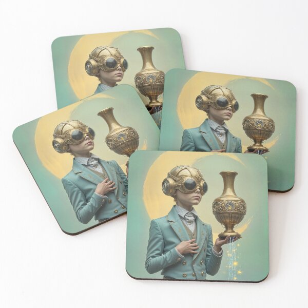 Item preview, Zodiac Sign - Aquarius as Steampunk Child With Golden Vase, Goggles and Magical Stars Against Crescent Moon Background designed and sold by LisaMise.