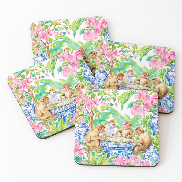 Item preview, Grandmillennial art, Monkeys playing mahjong in chinoiserie garden designed and sold by SophieClimaArt.