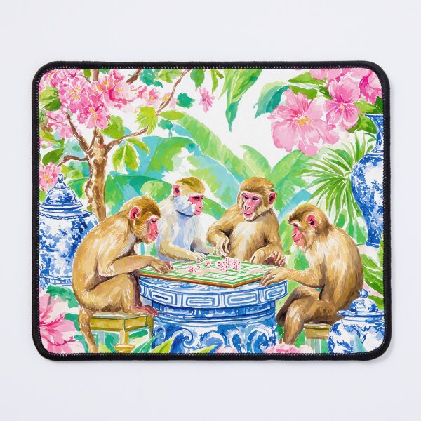 Item preview, Grandmillennial art, Monkeys playing mahjong in chinoiserie garden designed and sold by SophieClimaArt.