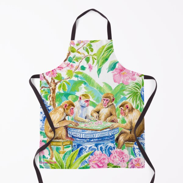 Item preview, Grandmillennial art, Monkeys playing mahjong in chinoiserie garden designed and sold by SophieClimaArt.