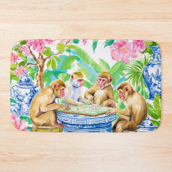 Item preview, Grandmillennial art, Monkeys playing mahjong in chinoiserie garden designed and sold by SophieClimaArt.