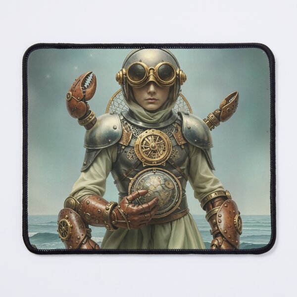Item preview, Zodiac Sign - Cancer as Steampunk Explorer Woman in Mechanical Armor Holding Globe Under Full Moon Over Ocean designed and sold by LisaMise.