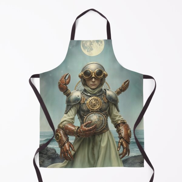 Item preview, Zodiac Sign - Cancer as Steampunk Explorer Woman in Mechanical Armor Holding Globe Under Full Moon Over Ocean designed and sold by LisaMise.