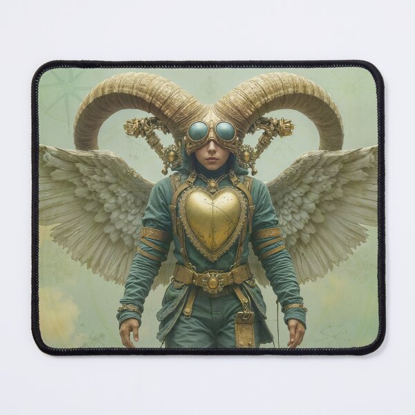Item preview, Zodiac Sign - Aries as SSteampunk Angel With Ram Horns and Golden Heart Armor Flying Above Clouds designed and sold by LisaMise.