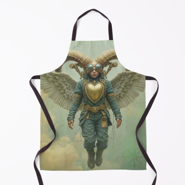 Item preview, Zodiac Sign - Aries as SSteampunk Angel With Ram Horns and Golden Heart Armor Flying Above Clouds designed and sold by LisaMise.