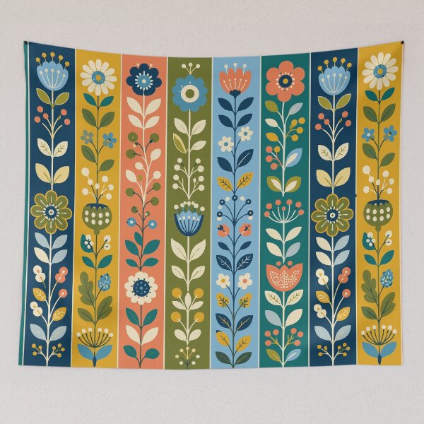 Item preview, Retro Scandinavian Folk Art Colorful Floral Striped Pattern designed and sold by Far Out Goods.