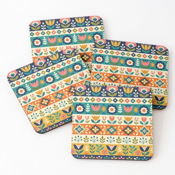Item preview, Retro Scandinavian Folk Art Bold Floral Border Geometric Pattern designed and sold by Far Out Goods.
