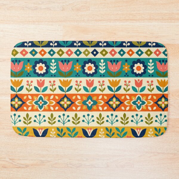 Item preview, Retro Scandinavian Folk Art Bold Floral Border Geometric Pattern designed and sold by Far Out Goods.