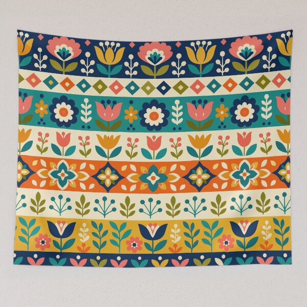 Item preview, Retro Scandinavian Folk Art Bold Floral Border Geometric Pattern designed and sold by Far Out Goods.