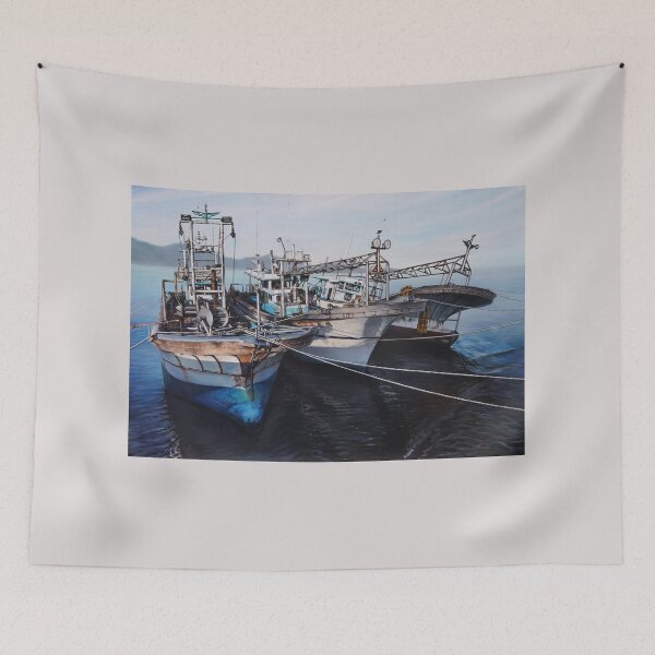 Item preview, Fishing Boat at Sunrise, Korean Harbor Seascape designed and sold by HaedamArt.