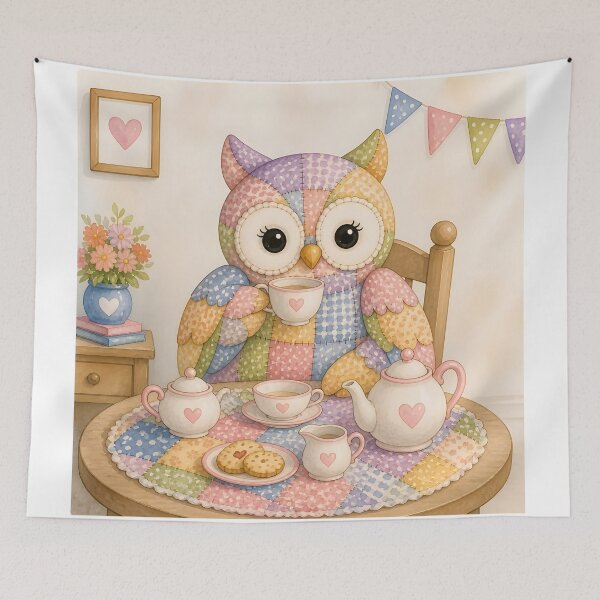 Item preview, Patchwork Owl Tea Party designed and sold by Shelley Loewnau-Jones Studio.