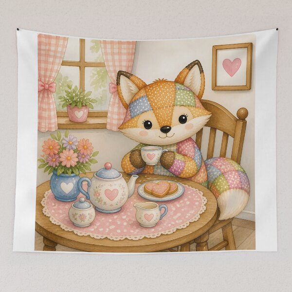 Item preview, Cute Patchwork Fox Tea Party designed and sold by Shelley Loewnau-Jones Studio.
