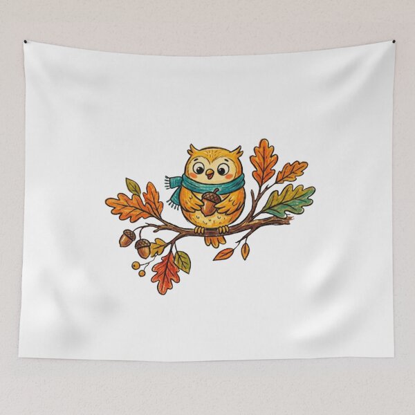 Item preview, Cute Autumn Owl Wearing Scarf Holding Acorn Illustration designed and sold by TaiwanMemory.