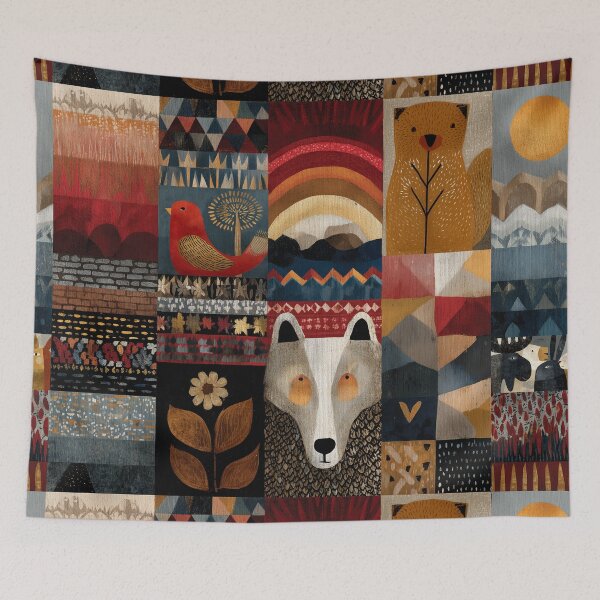 Item preview, Scandinavian Folk Art Woodland Animals Pattern | Nordic Forest Fox Wolf Bird Rabbit | Rustic Boho Nature Collage | Mid Century Modern Wall Art designed and sold by Babylone Art Design.