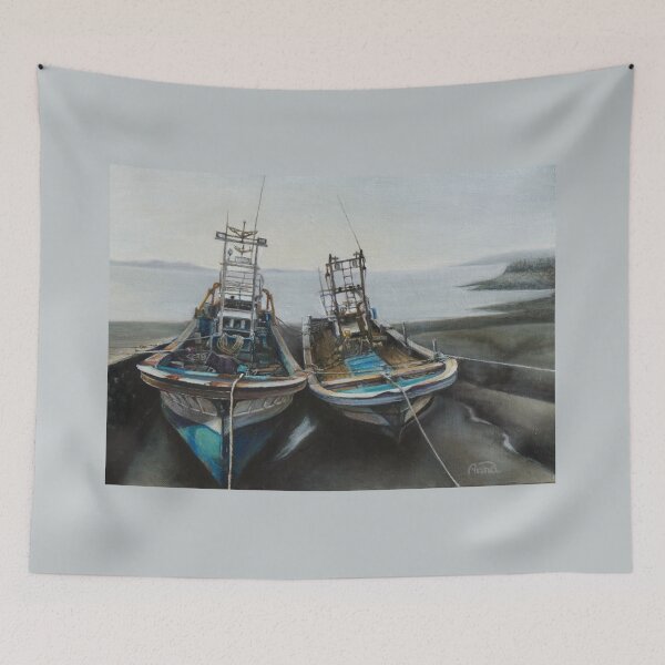 Item preview, Two Fishing Boats at Anchor, Quiet Harbor Scene designed and sold by HaedamArt.