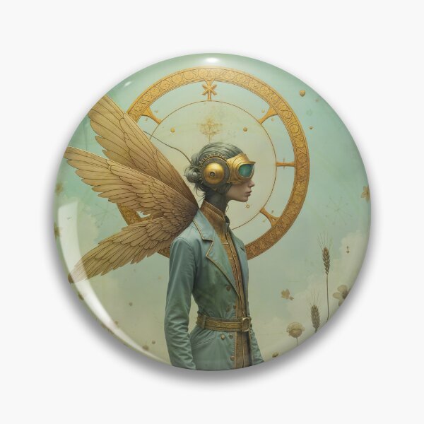 Item preview, Zodiac Sign - Virgo as Steampunk Angel With Golden Wings and Futuristic Goggles Standing in Floral Field designed and sold by LisaMise.