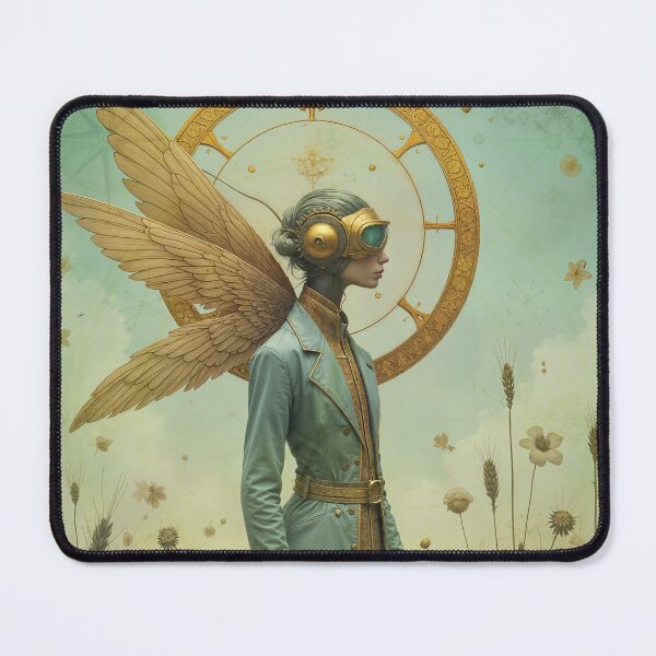 Item preview, Zodiac Sign - Virgo as Steampunk Angel With Golden Wings and Futuristic Goggles Standing in Floral Field designed and sold by LisaMise.