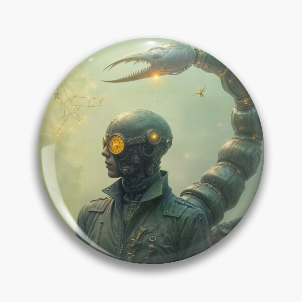 Item preview, Zodiac Sign - Scorpio as Steampunk Cyborg Portrait With Mechanical Scorpion Tail and Golden Clockwork Visor in Surreal Sci‑Fi Scene designed and sold by LisaMise.