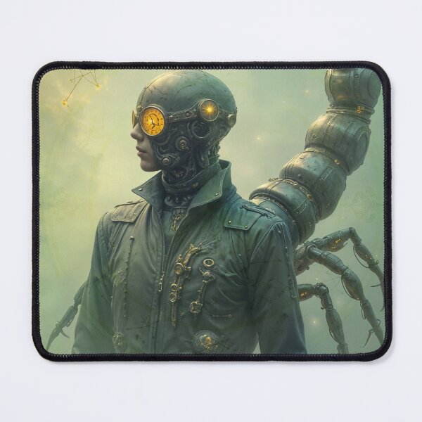 Item preview, Zodiac Sign - Scorpio as Steampunk Cyborg Portrait With Mechanical Scorpion Tail and Golden Clockwork Visor in Surreal Sci‑Fi Scene designed and sold by LisaMise.
