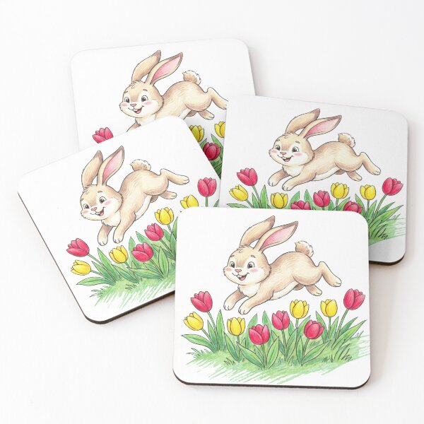 Item preview, Cute Happy Bunny Hopping in Tulip Flower Meadow Spring Illustration designed and sold by TaiwanMemory.