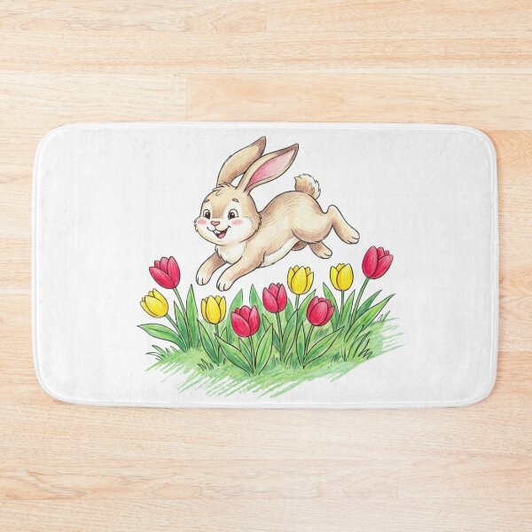 Item preview, Cute Happy Bunny Hopping in Tulip Flower Meadow Spring Illustration designed and sold by TaiwanMemory.