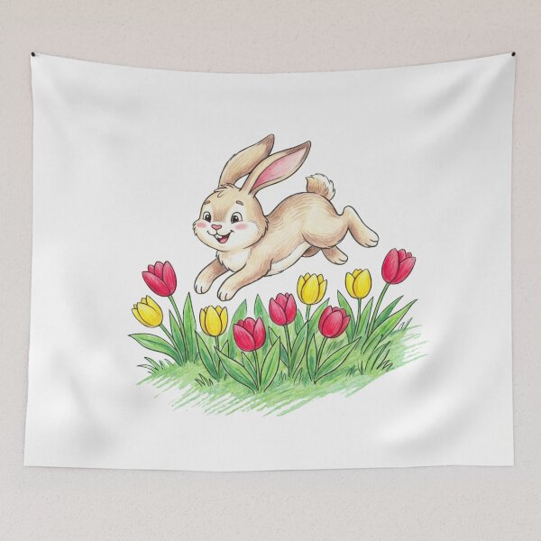 Item preview, Cute Happy Bunny Hopping in Tulip Flower Meadow Spring Illustration designed and sold by TaiwanMemory.