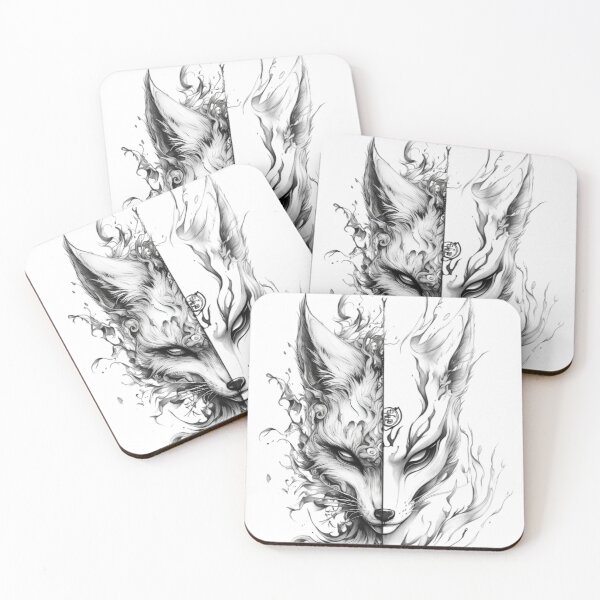 Item preview, Duality Kitsune Spirit Mask | Yin Yang Fox Yokai Ink Art | Japanese Fantasy Tattoo Design designed and sold by Dyan4.