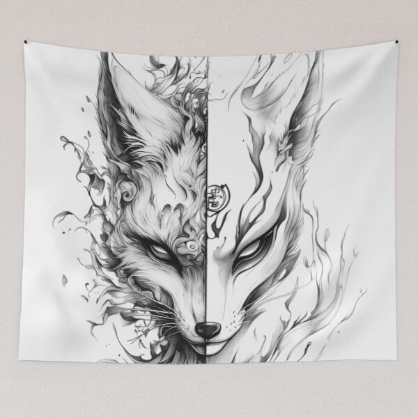 Item preview, Duality Kitsune Spirit Mask | Yin Yang Fox Yokai Ink Art | Japanese Fantasy Tattoo Design designed and sold by Dyan4.