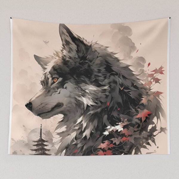 Item preview, Japanese Wolf Spirit Art | Autumn Sakura Wolf | Ukiyo-e Inspired Fantasy Tattoo Design designed and sold by Dyan4.
