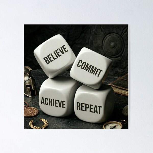 Item preview, Believe Commit Achieve Repeat Dice Success Loop Motivational Quote designed and sold by RAMHEARTS.