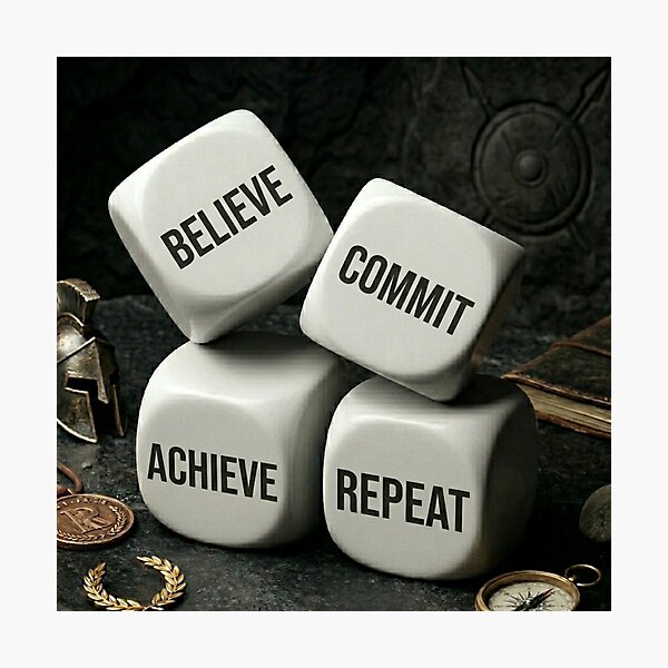 Item preview, Believe Commit Achieve Repeat Dice Success Loop Motivational Quote designed and sold by RAMHEARTS.