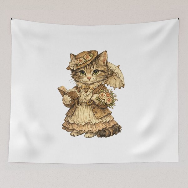 Item preview, Vintage victorian cat in classic dress holding book and umbrella designed and sold by ARIN2550.