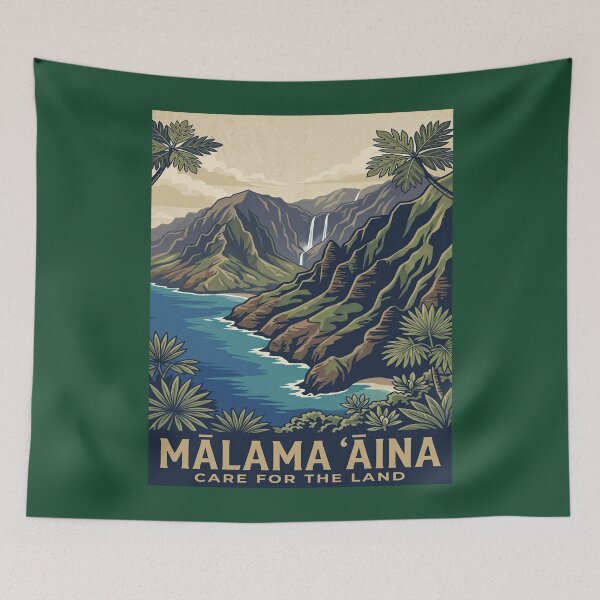 Item preview, Malama Aina Care for the Land — Na Pali Coast Kauai Hawaii Conservation Art Print designed and sold by MālamaThreads.