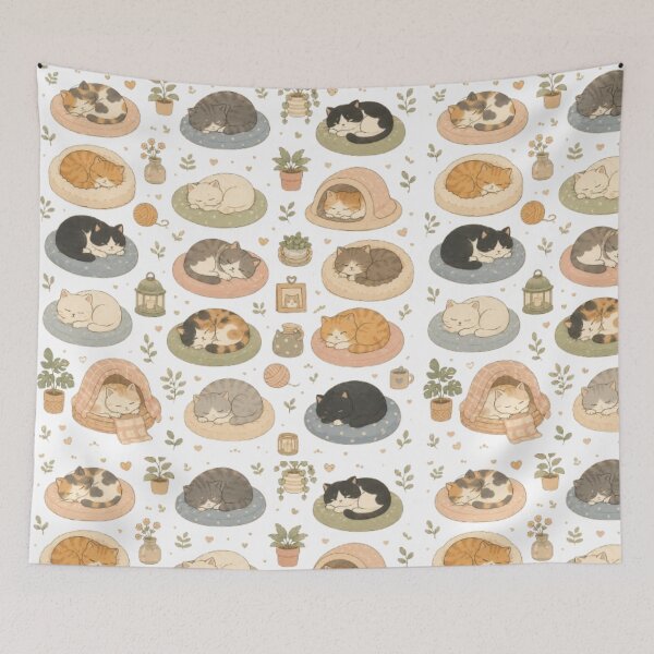 Item preview, Cute Sleeping Cats Seamless Pattern | Cozy Kawaii Kitten Watercolor Design | Pastel Cat Lover Aesthetic Print designed and sold by agaa-vibes-studio.