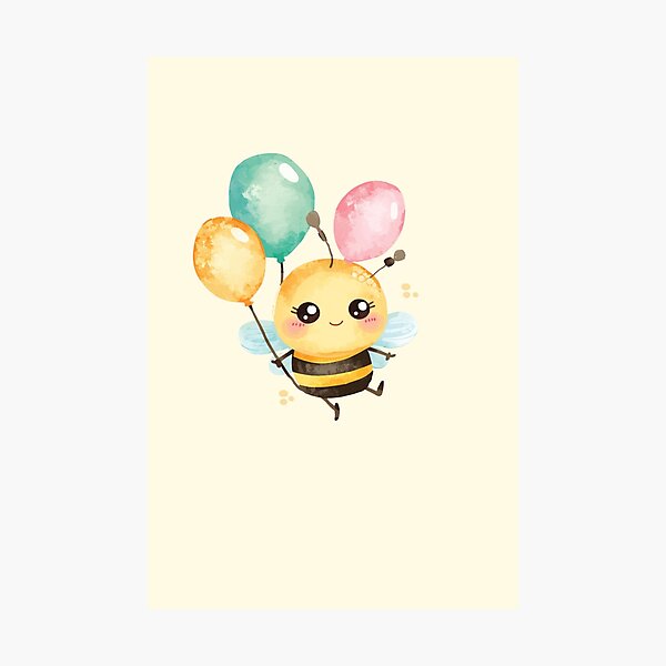 Item preview, Little bee with balloons on a pastel yellow background designed and sold by MlleLAbeille.