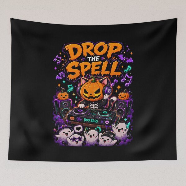 Item preview, Drop the Spell Halloween Shirt — Funny DJ Pumpkin Cat Boo Bass Ghost Halloween Party Music Lover Spooky Season Tee designed and sold by MaynyStudio.